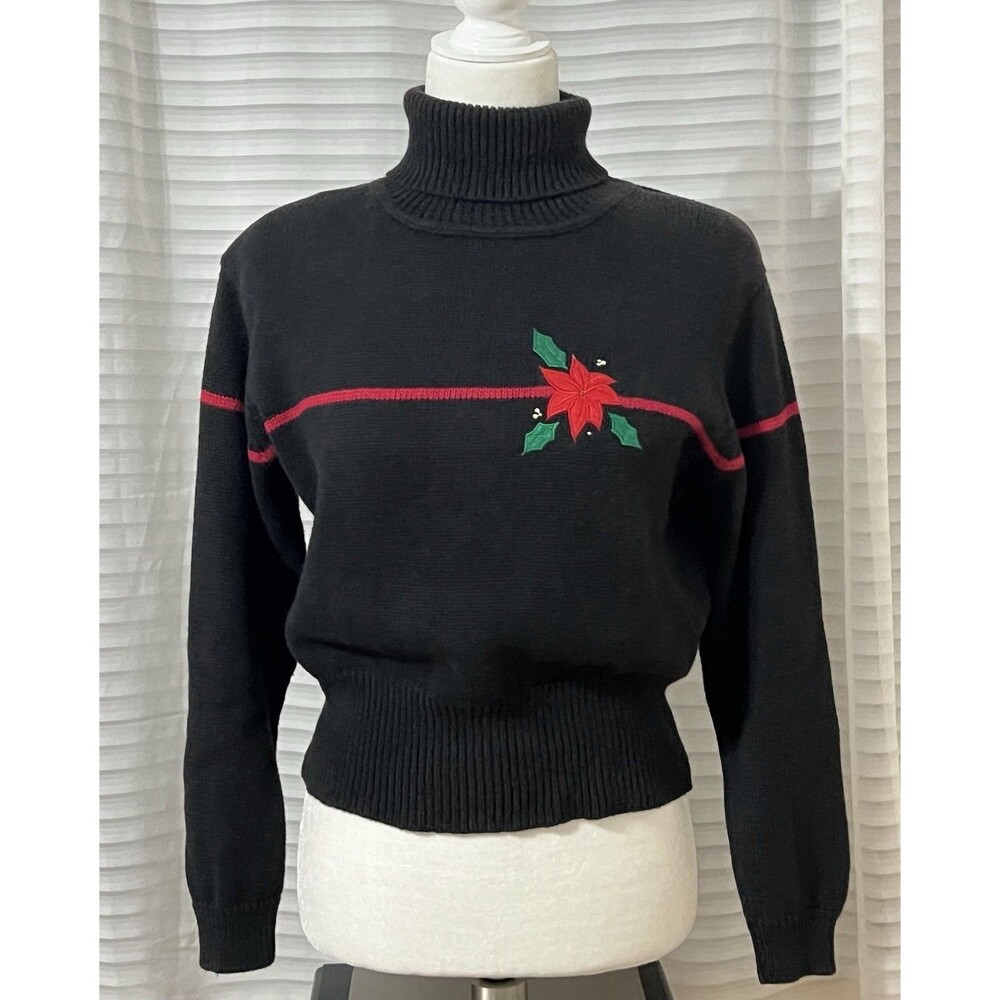 Vintage 90’s Holiday Turtleneck Crop Sweater Black Red Poinsettia Petite Medium